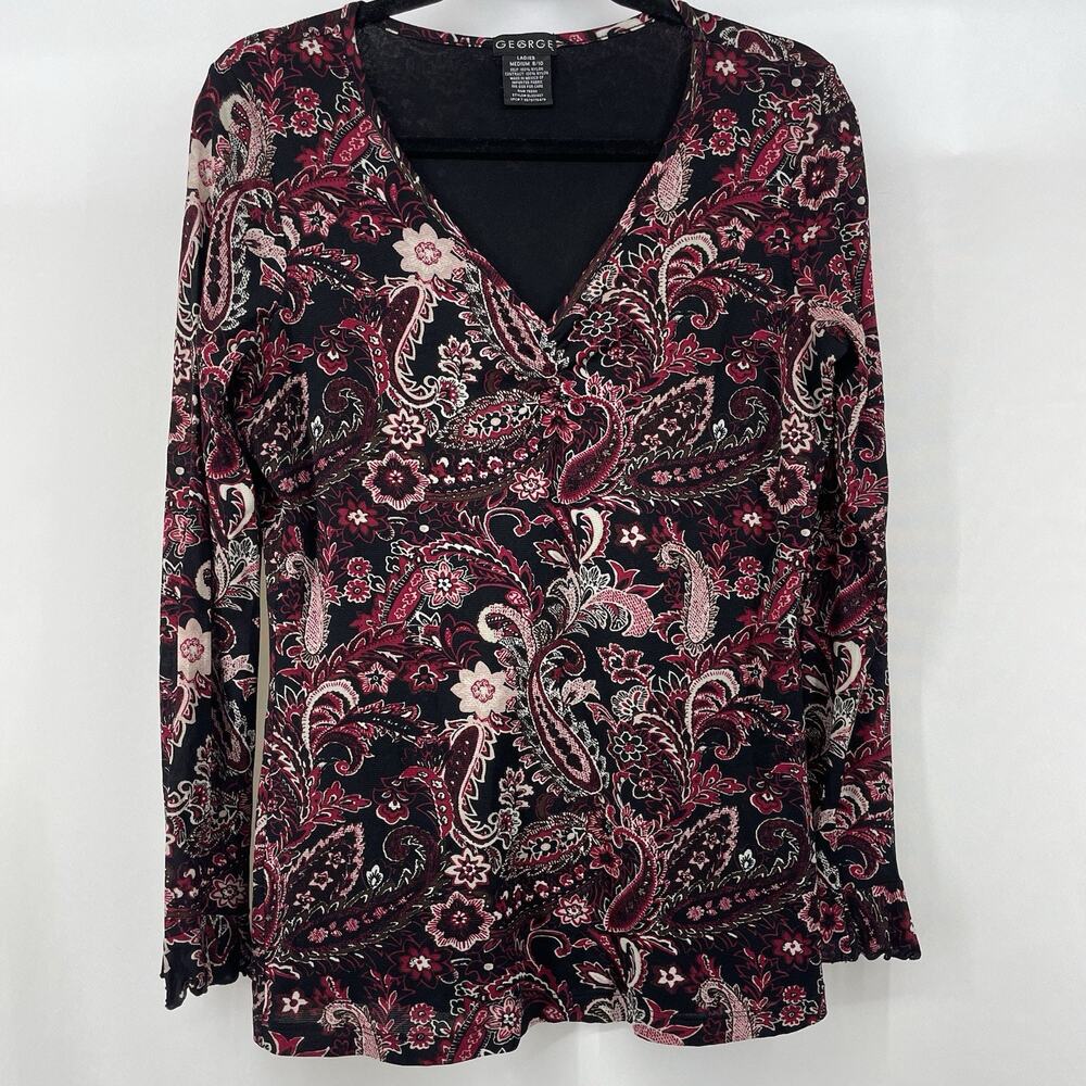George Size M‎ Y2K Paisley Top Boho Blouse Vamp Goth Long Ruffle Sleeve Purple